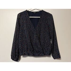Madewell Lyric Wrap Top In Sugar Dot Navy Blue Sheer Puff Sleeves Womens Medium